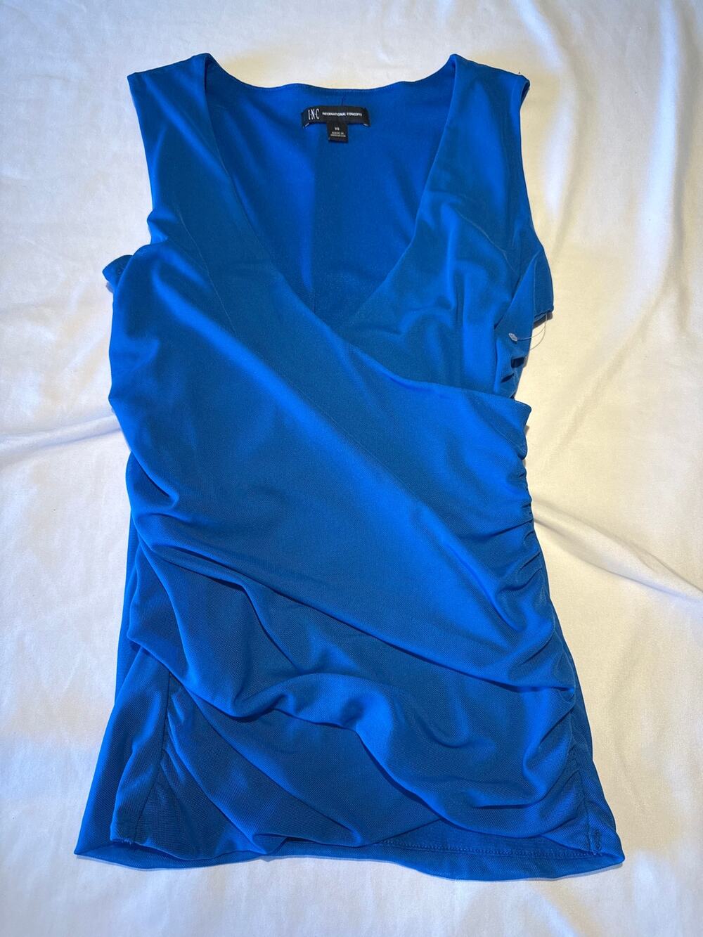 INC International Concepts Womens XS Blue Ruched Sleeveless V Neck Top Blouse